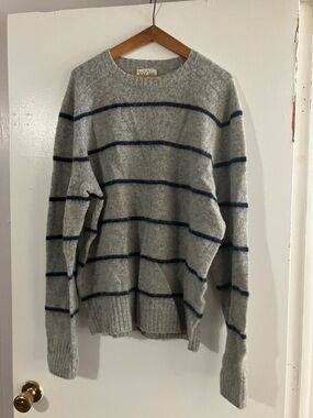 J. Crew Gray Crewneck Sweater with Navy Stripes